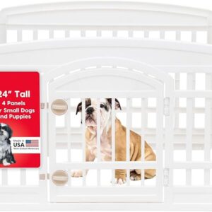 4 Panel Dog Playpen with Door, 24-Inch Portable Pet Exercise Pen – Indoor & Outdoor Foldable Puppy Fence for Small & Medium Dogs, White