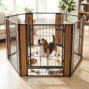 Heavy Duty Dog Playpen 32-Inch Height – Foldable Indoor & Outdoor Pet Fence Enclosure for Medium & Small Dogs, Puppy Exercise Pen for Yard, Camping & RV Use (6 Panels, Oak Finish)
